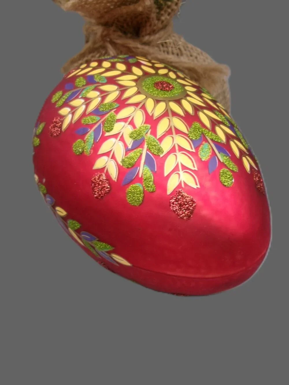 Vintage Red Pysanky Egg Christmas Ornament, Hand Painted Glass